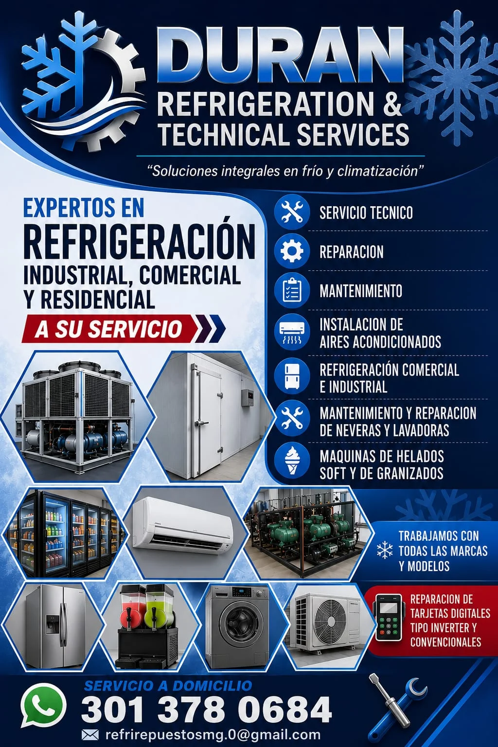 Aviso de Duran Refrigeration: expertos en refrigeración industrial, comercial y residencial, servicio técnico, reparación, mantenimiento e instalación de aires acondicionados. WhatsApp 301 378 0684